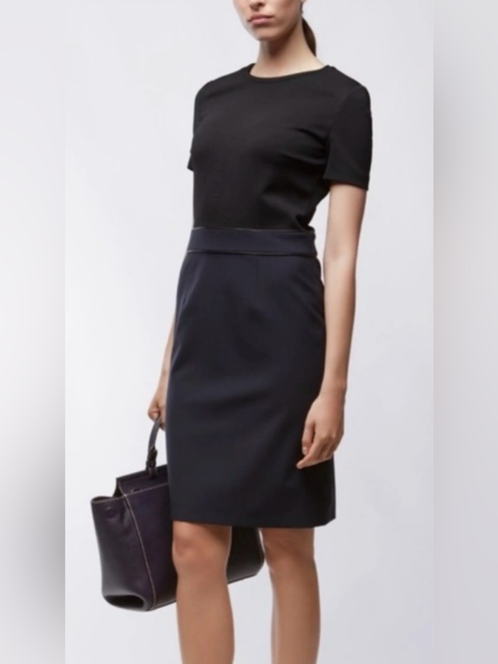 Hugo Boss Dualisa Two Tone Black Navy Short Sleeved Sheath Pencil Skirt Dress 4